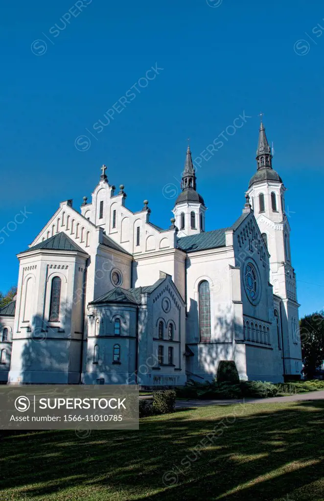 Beautiful steeples of Main Catholic Cathedral in village of Augustow Poland in Eastern Europe