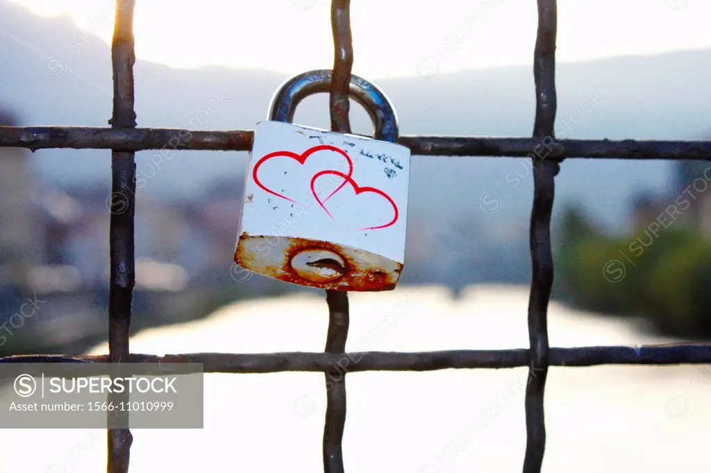 Locks of love on the gate of a bridge at Grenoble, Isere, Rhone Alpes, France, Europe