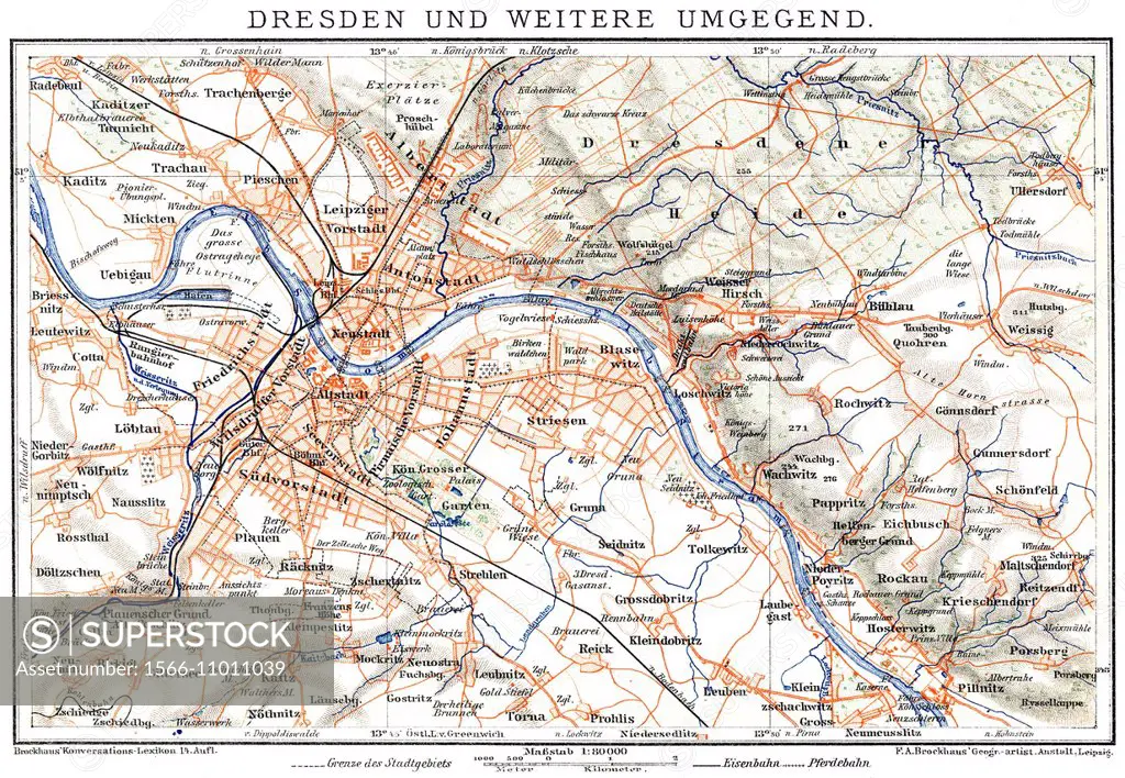 Map of Dresden, Germany, Europe, end of the 19th century