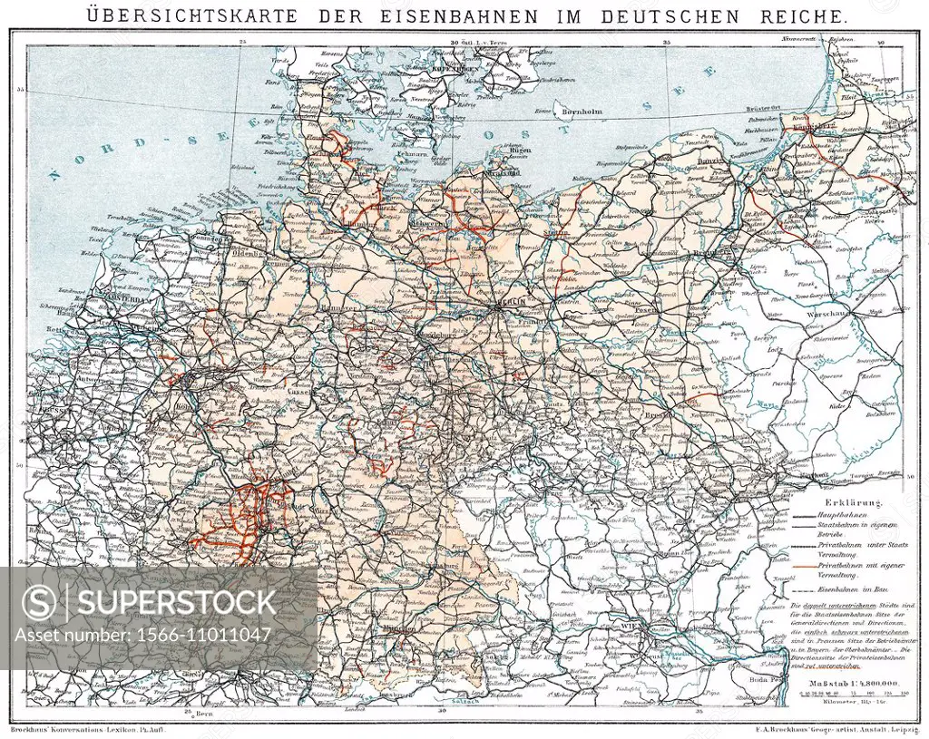Historical map of German Empire, 1894, state railways and private railways