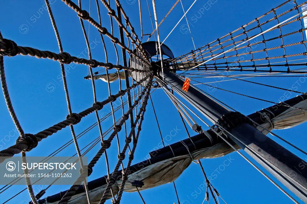 mast, ropes, Nao Victoria, Maritime Museum, Barcelona, Catalonia, Spain