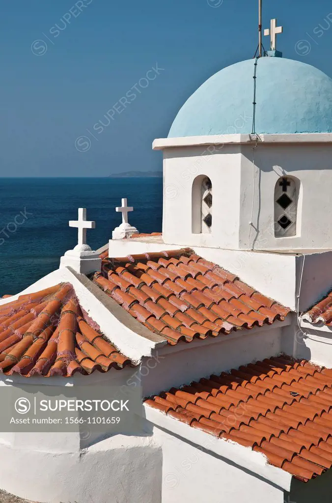 Orthodox church overlooking Neapoli Bay at Paleokastro near Neapoli, Southern Lakonia, Peloponnese, Greece