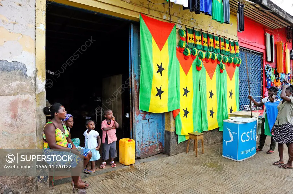 Santomean flags, shop in the city of Sao Tome, Sao Tome Island, Republic of Sao Tome and Principe, Africa.