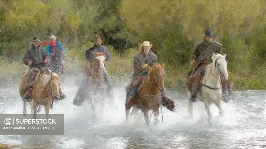 Oil painting of cowboys galloping in river.