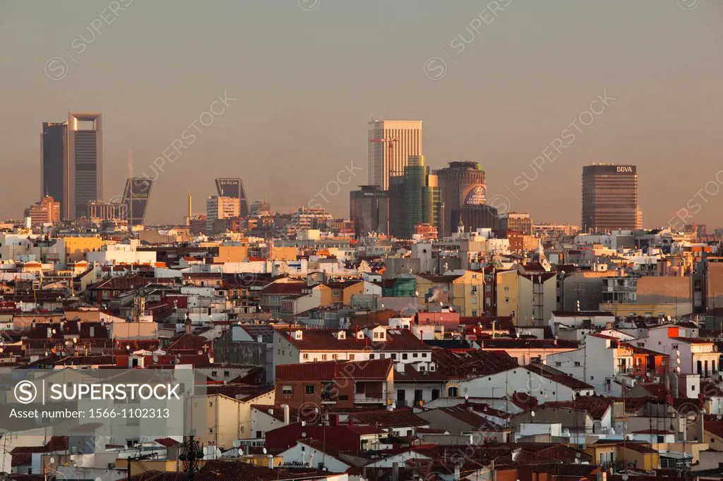 Spain, Madrid, Centro Area, elevated view of office towers in northern Madrid, morning