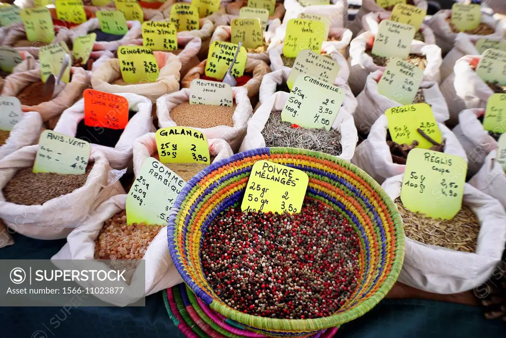 A spice seller´s display at a farmers market, Pezenas, Herault, Languedoc-Roussillon, France