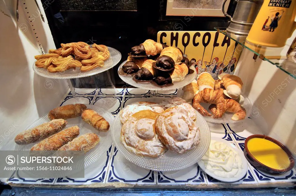 Tipical Catalan sweet pastries in Carrer Petritxol street, Gothic area, Ciutat Vella district, Barcelona, Catalonia, Spain