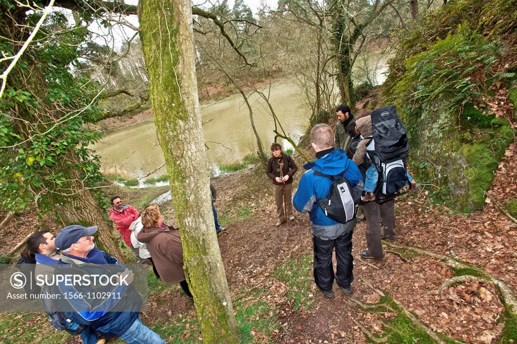 group of people hiking around a storyteller in serein valley, broceliande, Ille et Vilaine, Brittany, France
