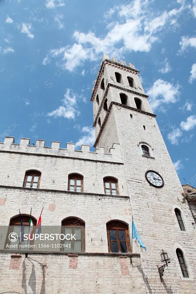 View of the medieval tower of city hall and the roman temple of Minerva, Assisi, Umbria