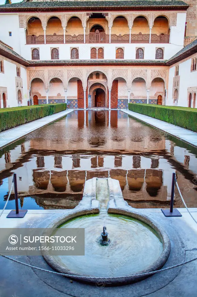 Courtyard of Arrayanes(Court of the Myrtles).Comares Palace. Nazaries palaces .Alhambra, Granada. Andalusia, Spain.