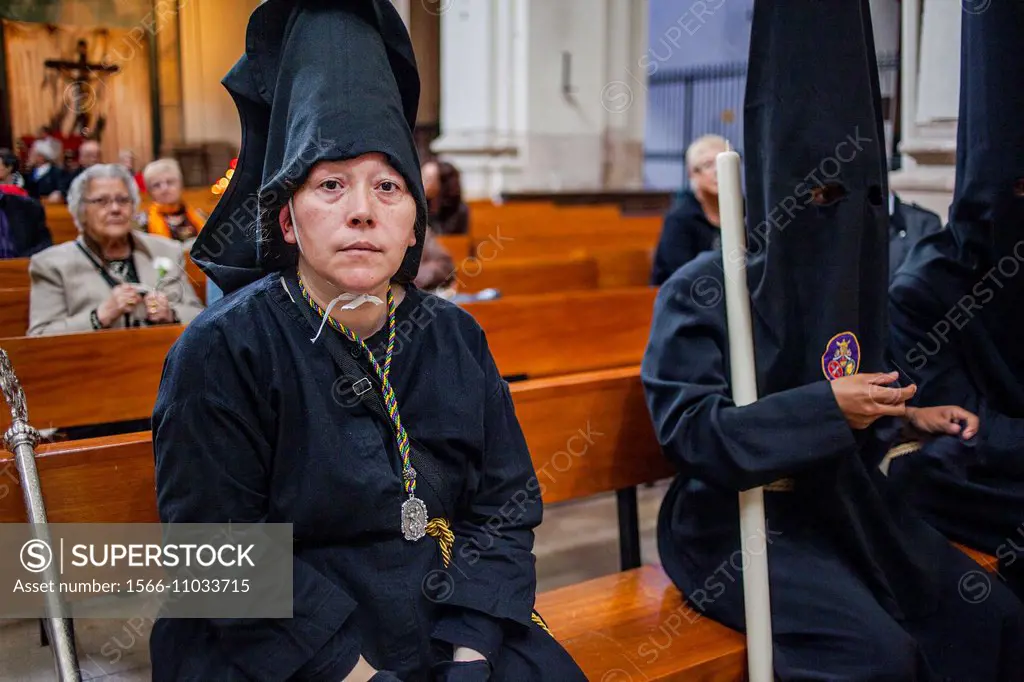 `Nazarenos´,penitents before starting the procession, in San Agustin church,sisterhood of Jesús del Gran Poder y virgen de la Macarena,Good Friday, Ea...