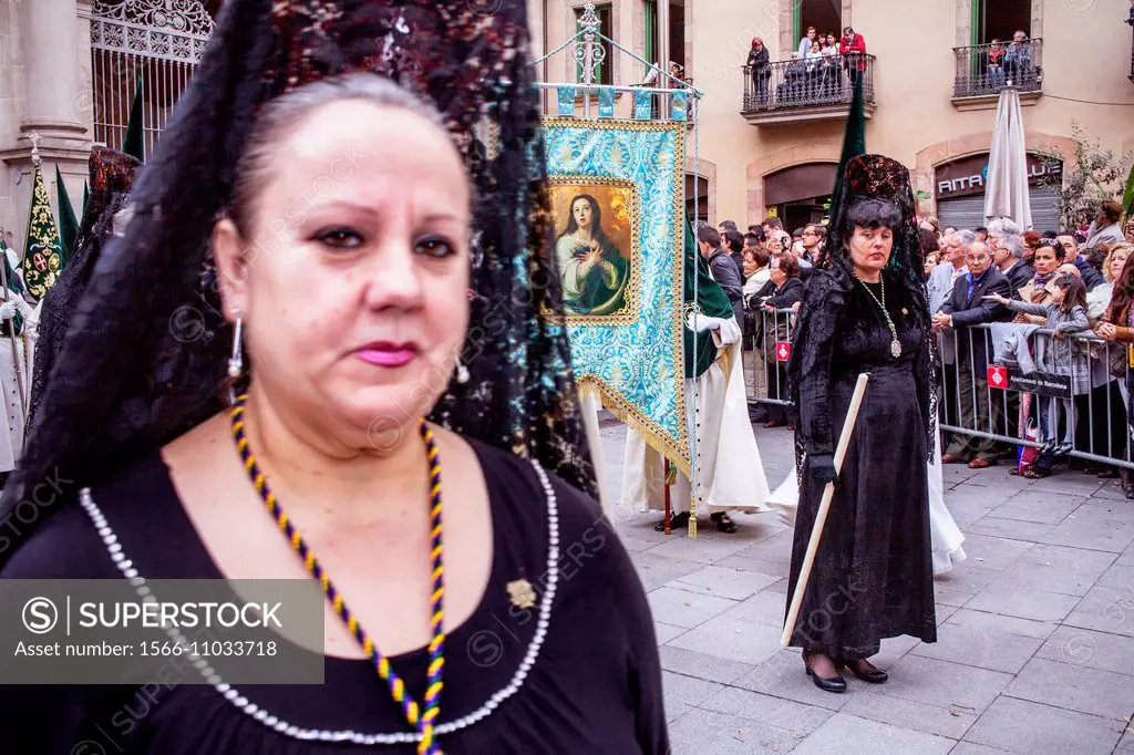 Mantillas in procession, sisterhood of Jesús del Gran Poder y virgen de la Macarena,Good Friday, Easter week,Plaza de San Agustin,Barcelona, Catalonia...