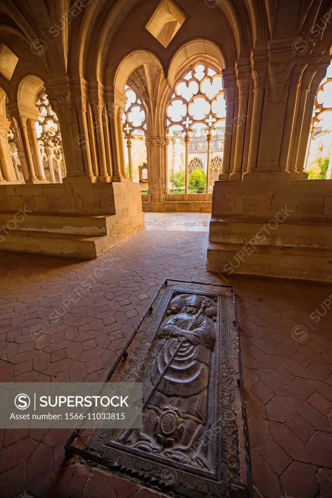 Conference hall with ground tombstones for the principals of the monastery, Monastery of Santes Creus, Spain.