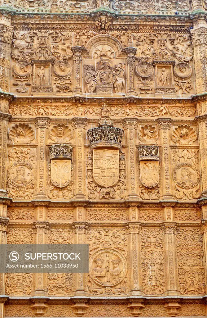 Detail,Plateresque facade of main entrance to the Escuelas Mayores or University building,Salamanca,Spain.