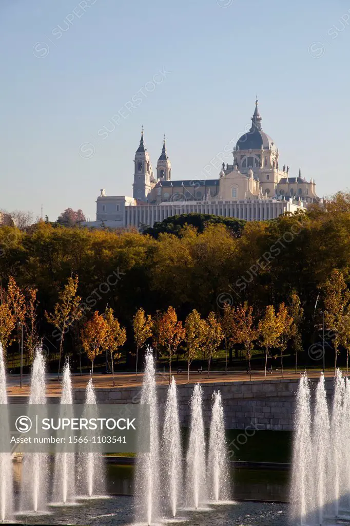 Manzanares River, Almudena Cathedral and Madrid Park  Fountains near Segovia Bridge, the first bridge of Madrid  Madrid Rio is the last great ecologic...