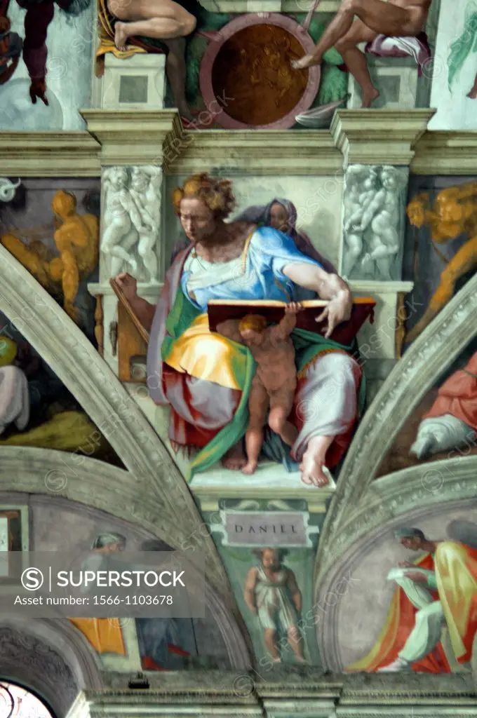 Michelangelo´s fresco of Daniel one of Seven Prophets, Sistine Chapel, Vatican Museum, Rome, Italy