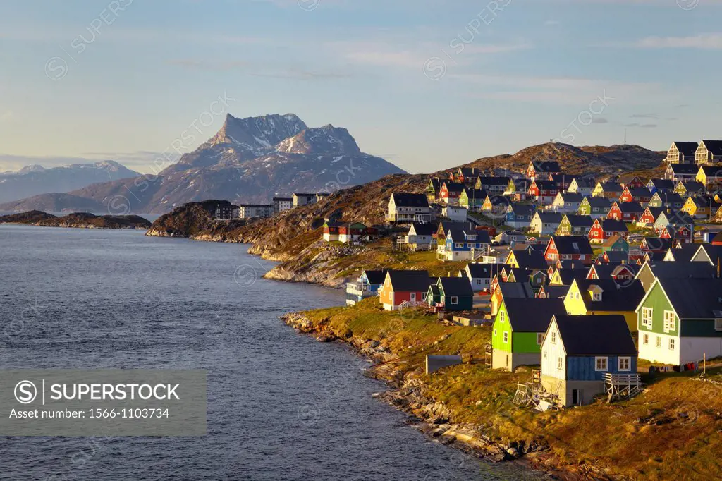 Houses in Nuuk with Sermitsiaq moutain in the background, Greenland