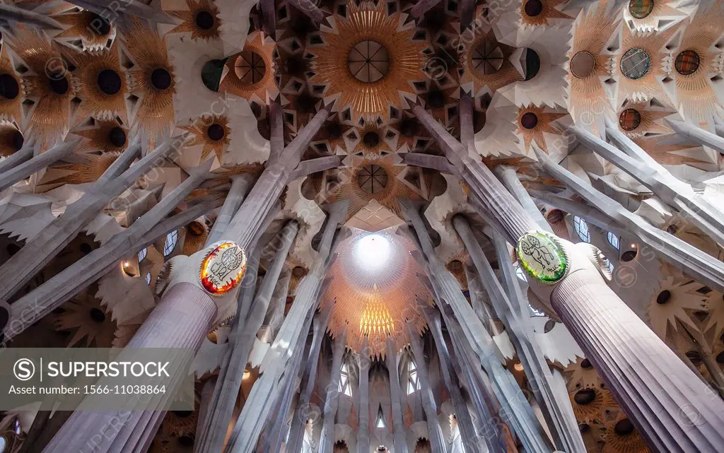 Interior of Basilica Sagrada Familia,crossing and apse, Barcelona, Catalonia, Spain.