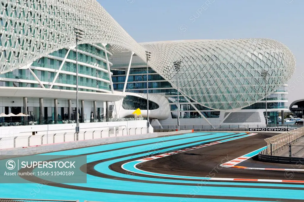Yas Viceroy, 5 stars luxury hotel built over the F1 Yas Marina race circuit, Abu Dhabi, the capital city of the United Arab Emirates, Persian Gulf.