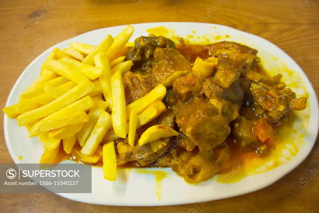 Goat meat stew with chips, Puerto del Rosaro, Fuerteventura, the Canary Islands, Spain, Europe.