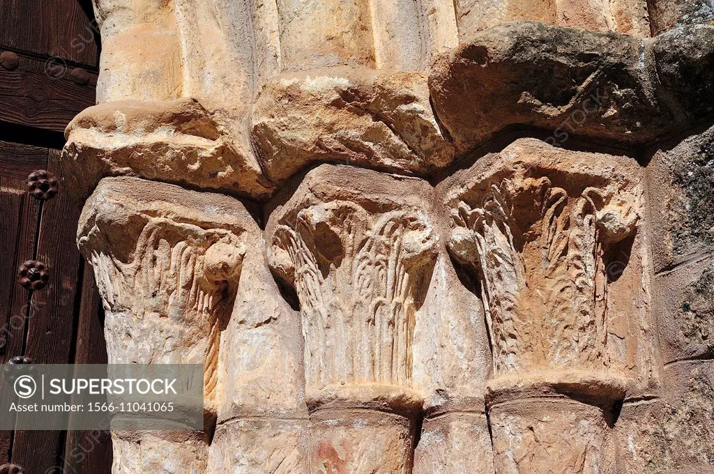 Nativity Romanesque church, XIIIth century, capital detail, Pozancos, Guadalajara, Spain