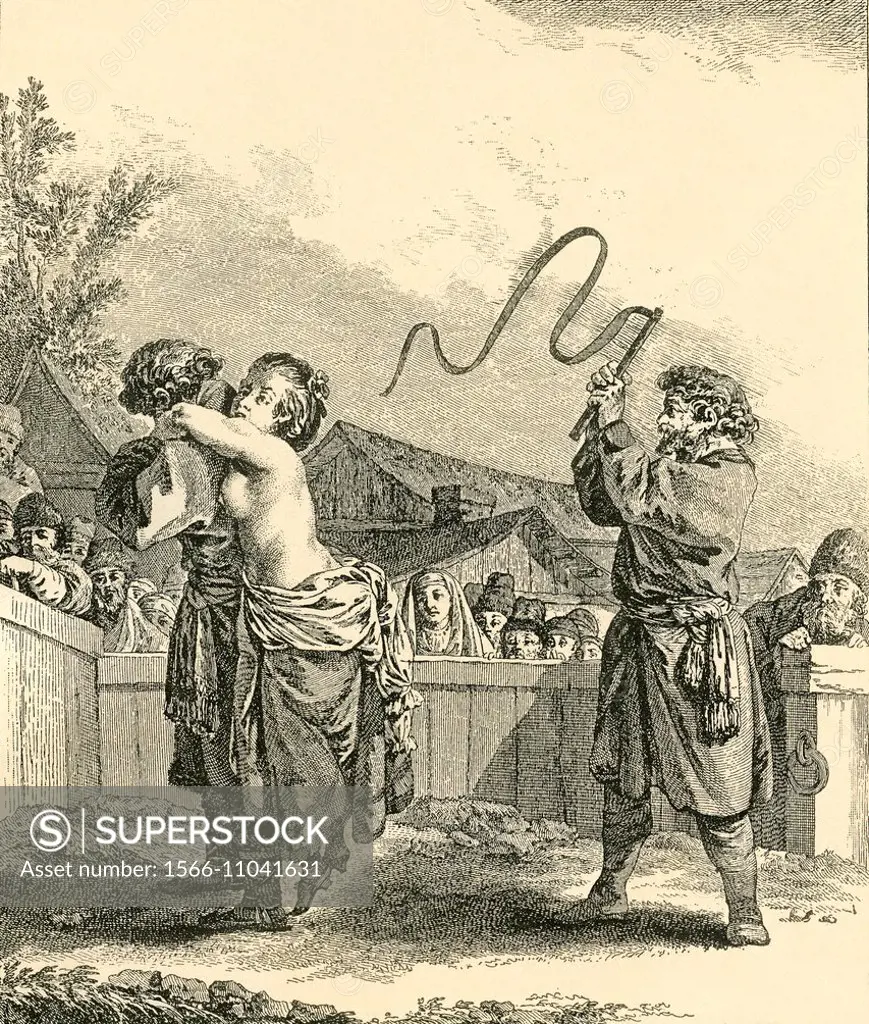 Flogging of a woman convict in Russia as a public spectacle, using a knout  , a heavy scourge-like multiple whip, 18th century. From Illustrierte  Sitte - SuperStock