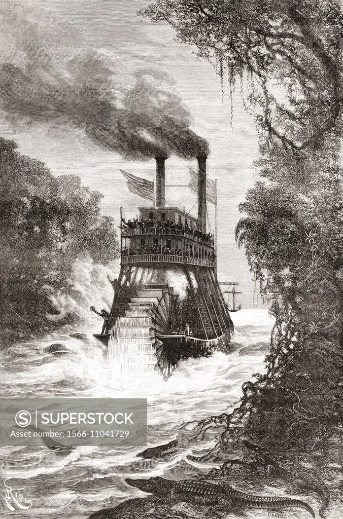 A paddle steamer in the Primera Angostura, a sound of the Strait of Magellan, Chile in the 19th century. From América Pintoresca, published 1884.