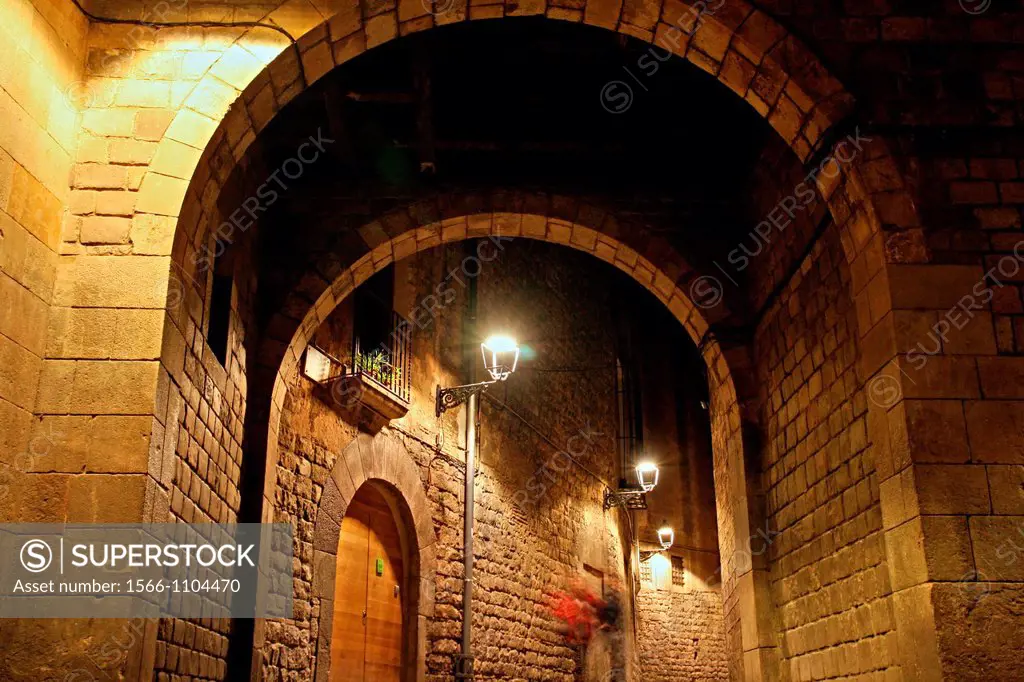 arcades, night, Gothic Quarter, Barcelona, Catalonia, Spain