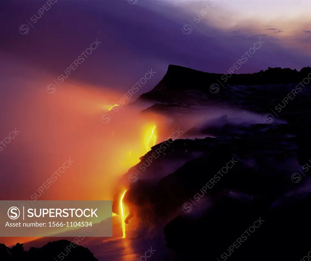Lava into ocean, Kilauea volcano, Hawaii Volcanoes National Park, Island of Hawaii, Hawaii, USA