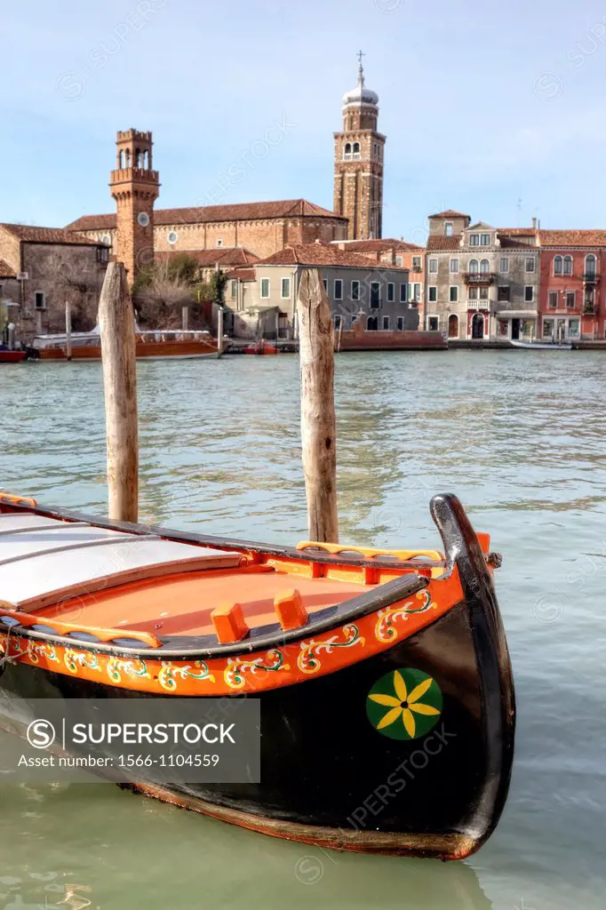 Murano, church of San Pietro Martire, hand-painted boat, Venice, Veneto, Italy