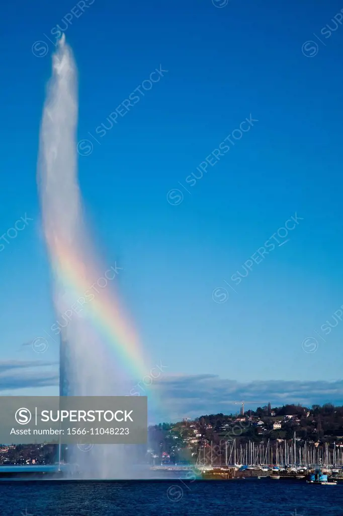 Rainbow in the mist of the Jet d´Eau in Geneva, Switzerland.