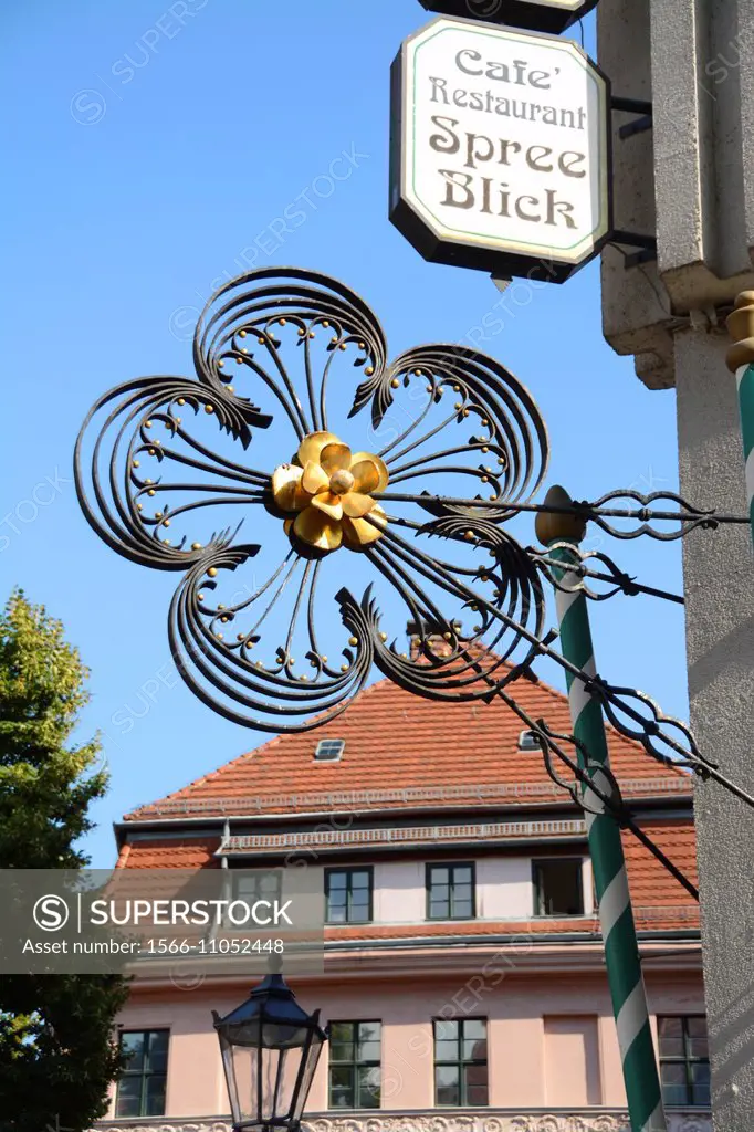 Wrought iron sign of the SpreeBlick restaurant. Nikolaiviertel, Berlin, Germany, Europe.