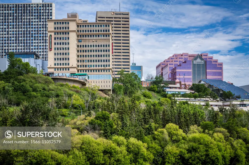 The city skyline and the North Saskatchewan River in Edmonton, Alberta, Canada.