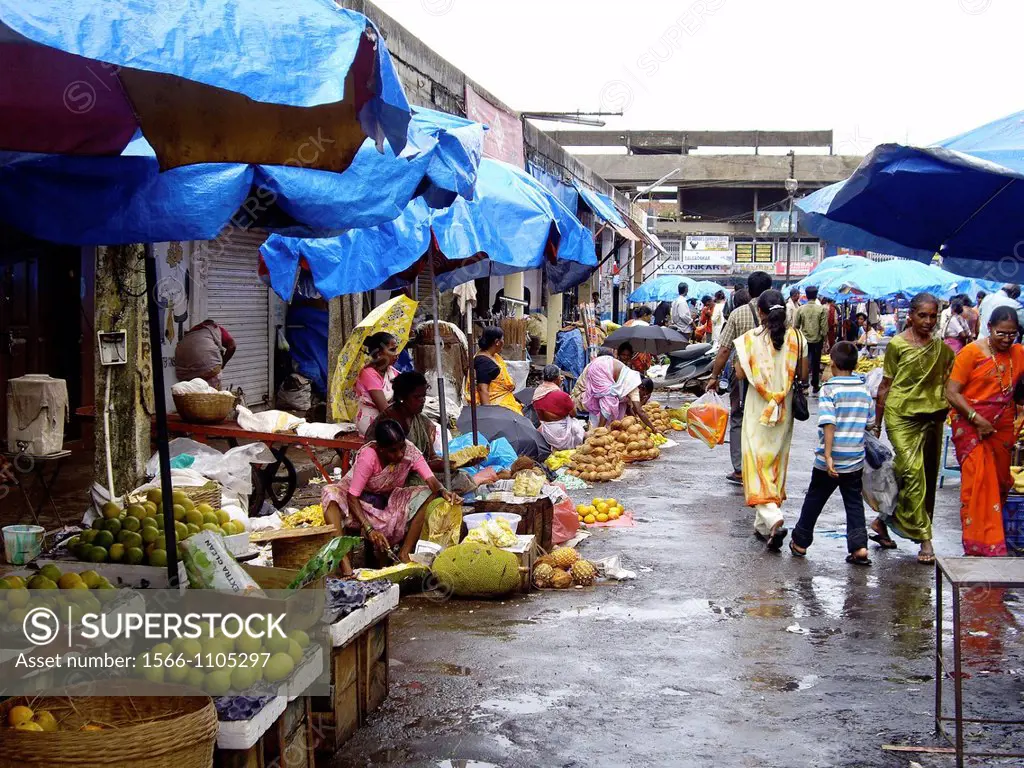 Monsoon fruit stalls in Mapusa market, Goa, India