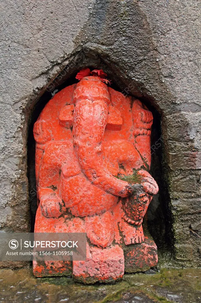 Indian Lord Ganesha Elephant Headed at Shri Koteshwar Temple Situated between Village Limb and Gove in Middle of River Krishna, Satara, Maharashtra, I...