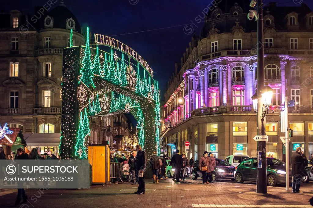 Christmas market entrance at night, Strasbourg, Alsace, France