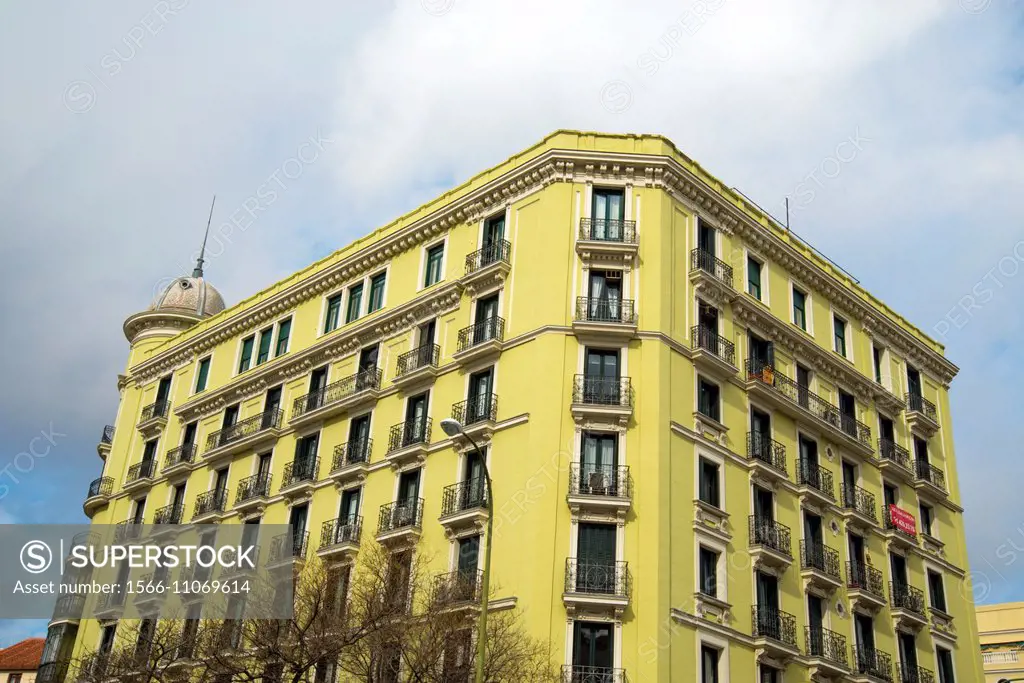 Facade of building. Felipe II avenue, Madrid, Spain.