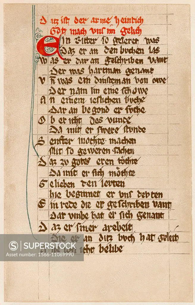 Prologue of Poor Heinrich, by Hartmann von Aue, 13th century, a Middle High German knight and poet,.