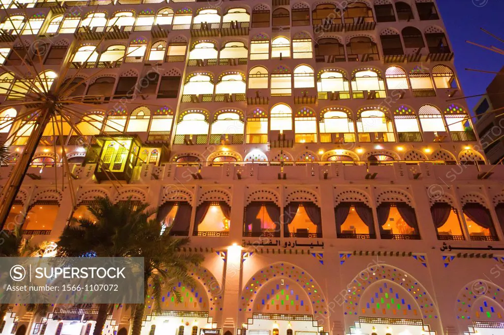 Kuwait City, Traditional Exterior Architecture of the Ghani Palace Hotel at night