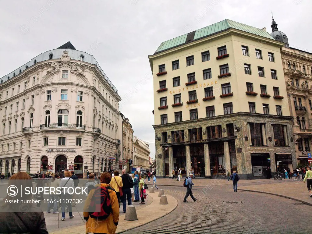 A famous cafe and a bank building at Michaelerplatz Ringstrasse street, Hofburg, Vienna, Austria