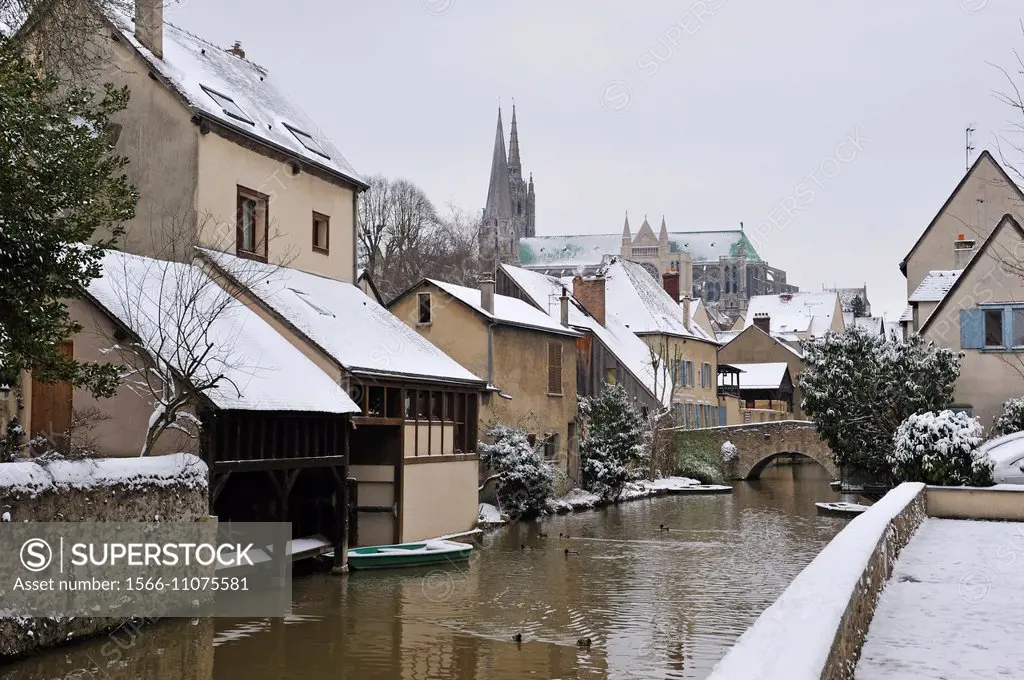on the Eure River bank, Chartres in winter, Eure-et-Loir department, Centre region, France, Europe.