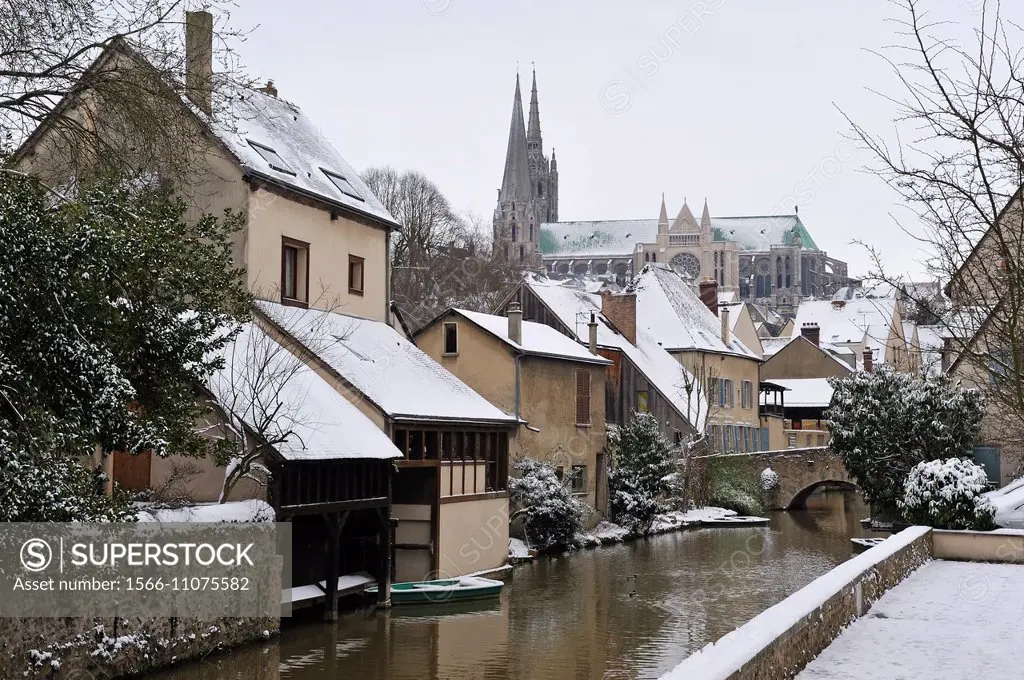 on the Eure River bank, Chartres in winter, Eure-et-Loir department, Centre region, France, Europe.