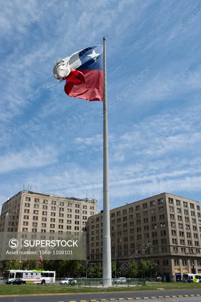 Santiago de Chile city. Bicentenal Flag in the Barrio Civico.