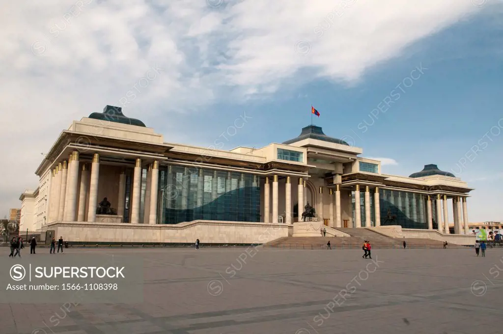 Parliament building and Genghis Khan statue in Ulan Baatar, Mongolia