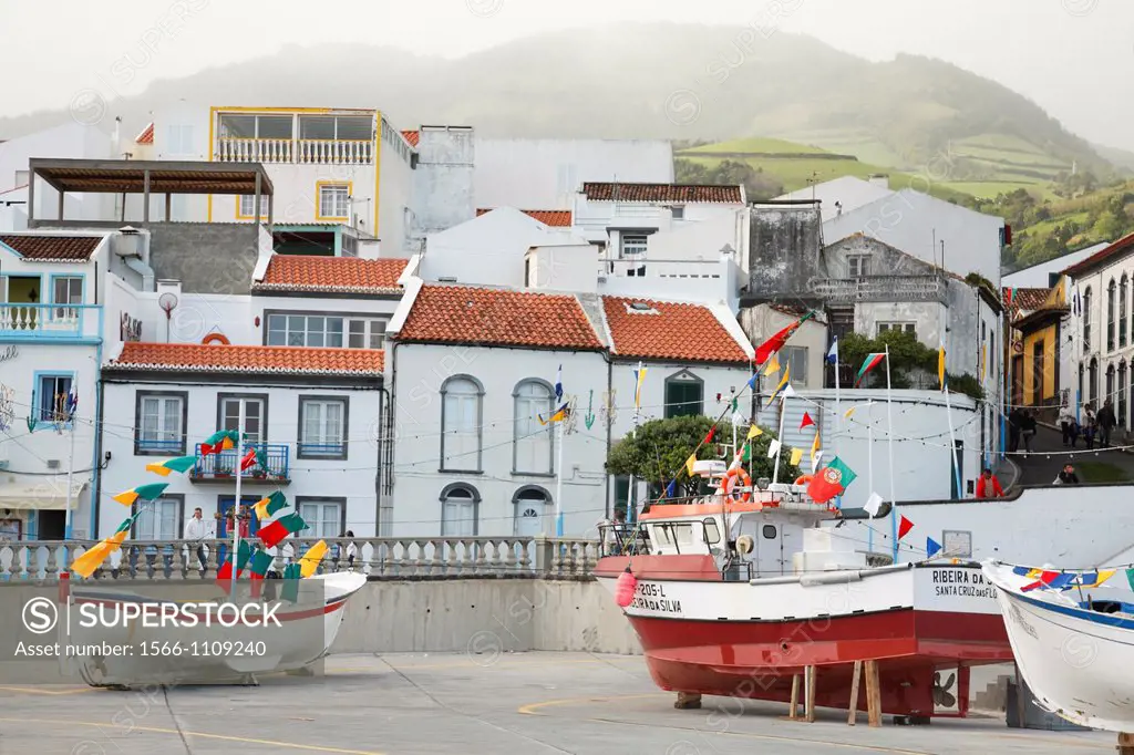 Some fishing boats decorated with flags during Festa do Irró fishermen´s festival at Vila Franca do Campo  Azores islands, Portugal