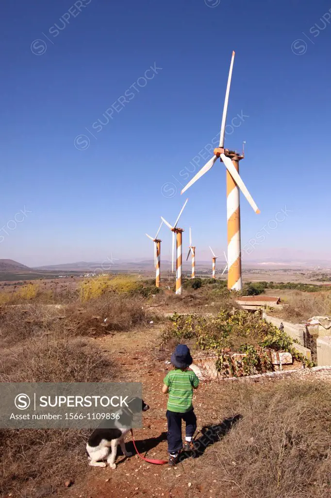 Israel, Golan Heights, View of Wind turbines near kibbutz Ein Zivan,