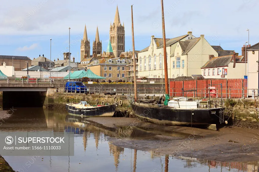 Truro, Cornwall, England, UK, Great Britain, Europe  View across tidal River Truro towards the city and three spires of the Cathedral