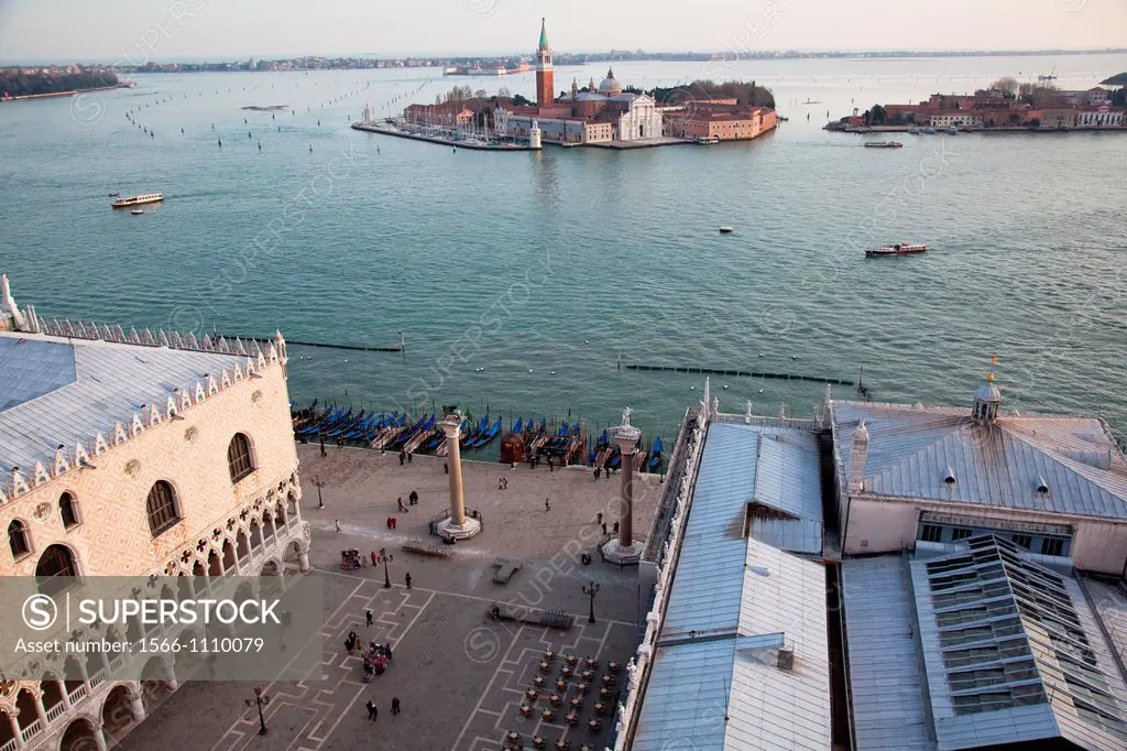 Aerial view of Doge´s palace and Venice sight from St. Mark´s bell tower in Venice, Italy, Europe