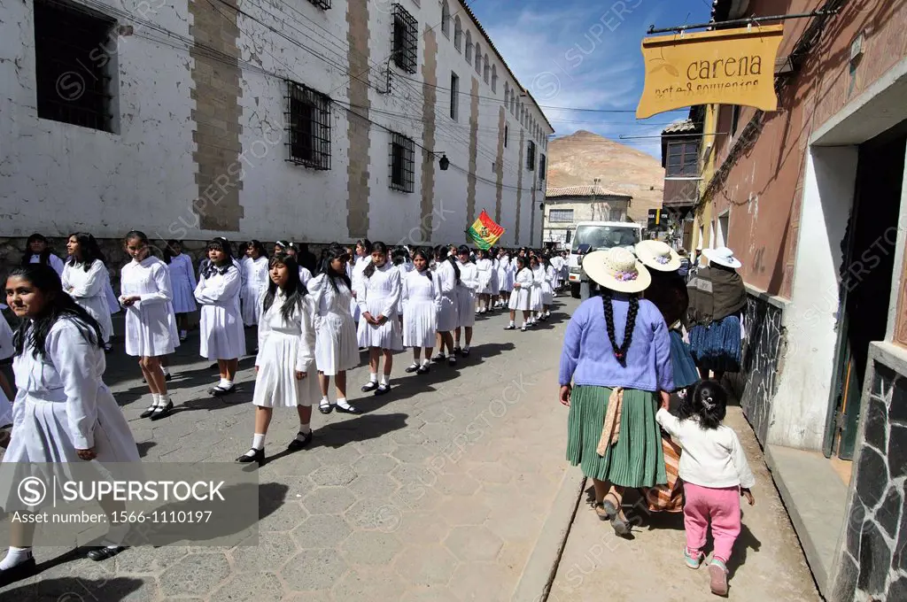 School parade. Potosí, city and the capital of the department of Potosí in Bolivia. It is one of the highest cities in the world by elevation at a nom...