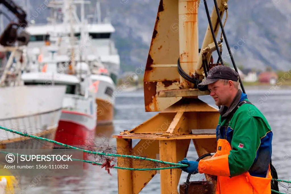 Fisherman working in the harbour at Senje Hopen fishermen village, Senja island, Troms county, Norway